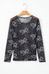 Sheer Mesh Bow Print Round Neck Long Sleeve Top