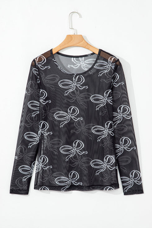 Sheer Mesh Bow Print Round Neck Long Sleeve Top