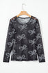 Sheer Mesh Bow Print Round Neck Long Sleeve Top