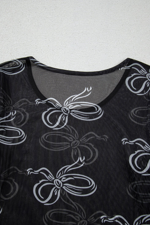 Sheer Mesh Bow Print Round Neck Long Sleeve Top
