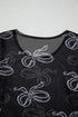 Sheer Mesh Bow Print Round Neck Long Sleeve Top