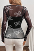 Sheer Mesh Bow Print Round Neck Long Sleeve Top