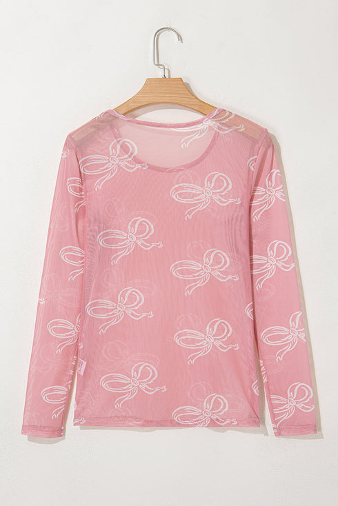 Sheer Mesh Bow Print Round Neck Long Sleeve Top