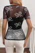 Sheer Mesh Bow Print Short Sleeve Top