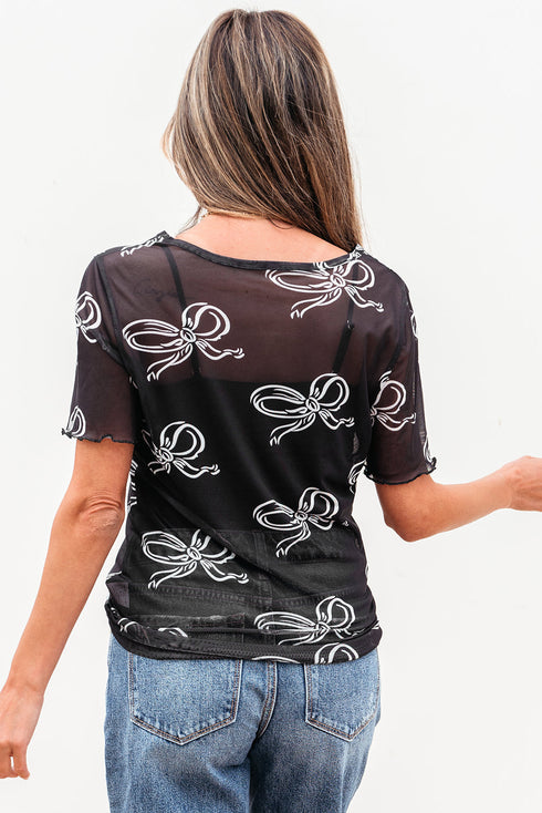 Sheer Mesh Bow Print Short Sleeve Top