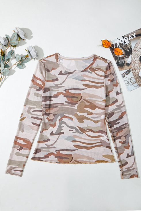 Sheer Mesh Camouflage Print Long Sleeve Top