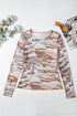 Sheer Mesh Camouflage Print Long Sleeve Top