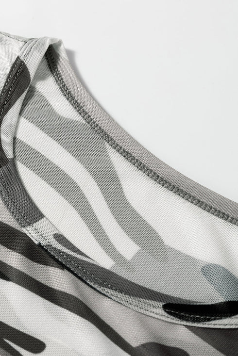 Sheer Mesh Camouflage Print Long Sleeve Top