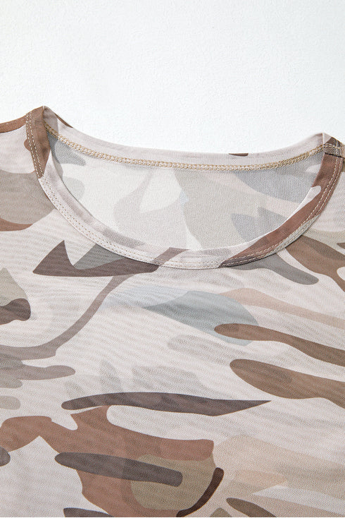 Sheer Mesh Camouflage Print Long Sleeve Top