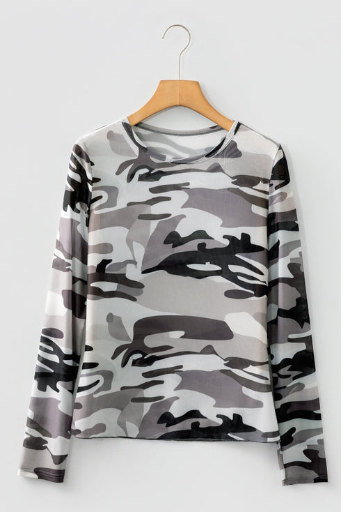 Sheer Mesh Camouflage Print Long Sleeve Top