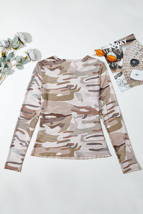 Sheer Mesh Camouflage Print Long Sleeve Top