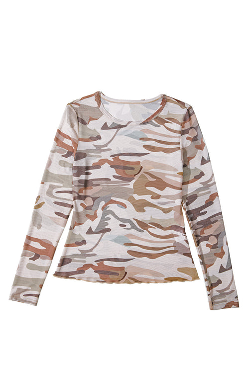 Sheer Mesh Camouflage Print Long Sleeve Top