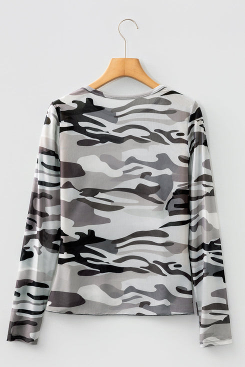 Sheer Mesh Camouflage Print Long Sleeve Top