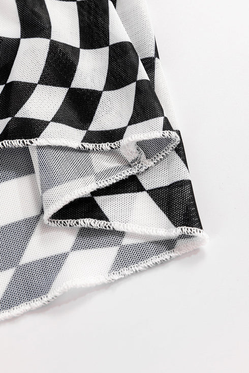 Sheer Mesh Checkered Mock Neck Long Sleeve Layering Top