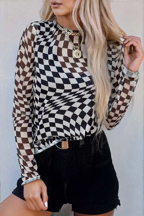 Sheer Mesh Checkered Mock Neck Long Sleeve Layering Top