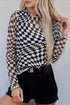Sheer Mesh Checkered Mock Neck Long Sleeve Layering Top