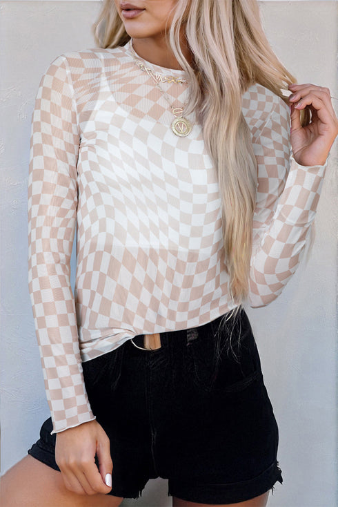 Sheer Mesh Checkered Mock Neck Long Sleeve Layering Top