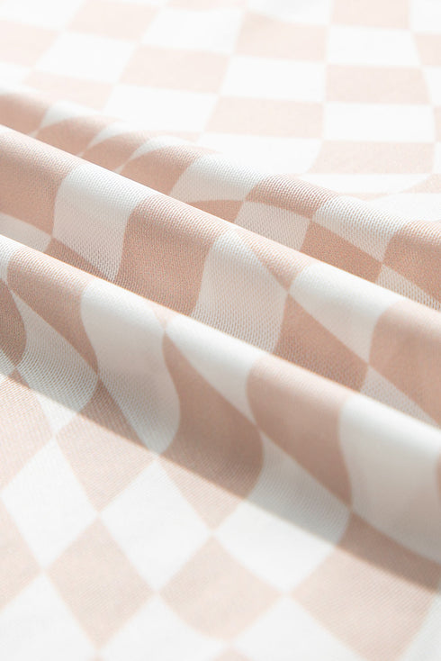 Sheer Mesh Checkered Mock Neck Long Sleeve Layering Top