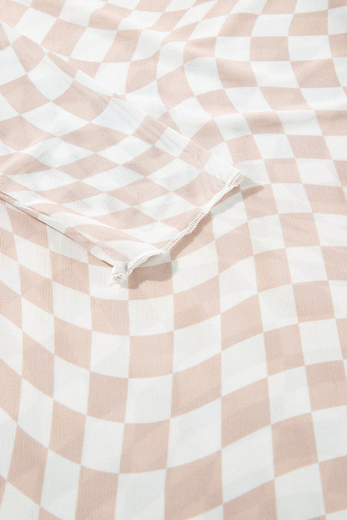Sheer Mesh Checkered Mock Neck Long Sleeve Layering Top