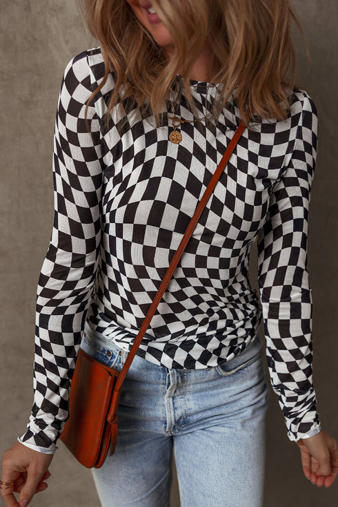 Sheer Mesh Checkered Mock Neck Long Sleeve Layering Top