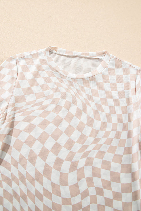 Sheer Mesh Checkered Mock Neck Long Sleeve Layering Top