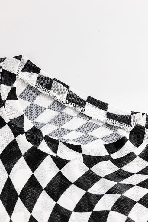 Sheer Mesh Checkered Mock Neck Long Sleeve Layering Top