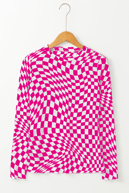 Sheer Mesh Checkered Mock Neck Long Sleeve Layering Top