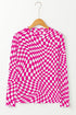 Sheer Mesh Checkered Mock Neck Long Sleeve Layering Top