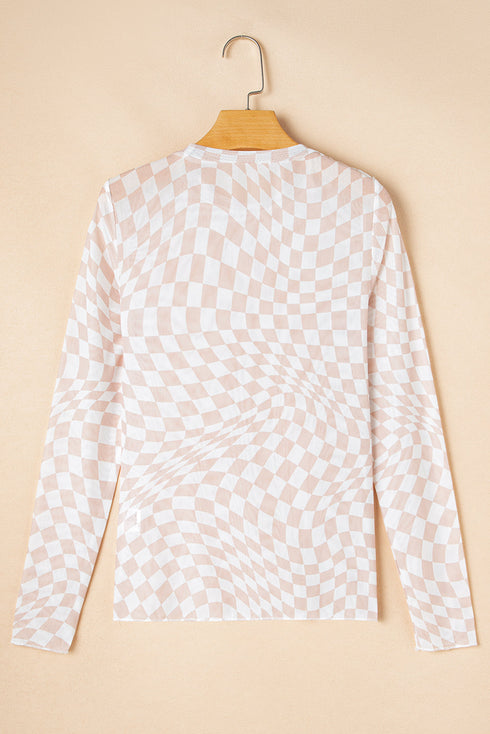 Sheer Mesh Checkered Mock Neck Long Sleeve Layering Top