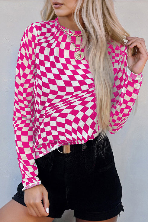 Sheer Mesh Checkered Mock Neck Long Sleeve Layering Top