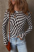 Sheer Mesh Checkered Mock Neck Long Sleeve Layering Top