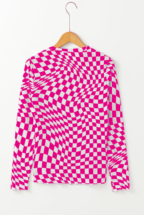 Sheer Mesh Checkered Mock Neck Long Sleeve Layering Top