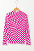 Sheer Mesh Checkered Mock Neck Long Sleeve Layering Top