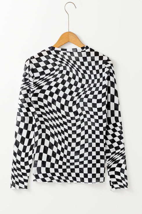 Sheer Mesh Checkered Mock Neck Long Sleeve Layering Top