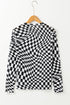 Sheer Mesh Checkered Mock Neck Long Sleeve Layering Top
