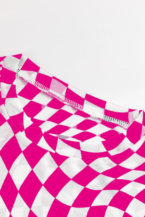 Sheer Mesh Checkered Mock Neck Long Sleeve Layering Top