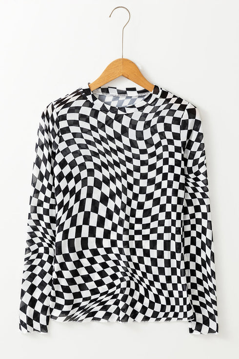 Sheer Mesh Checkered Mock Neck Long Sleeve Layering Top