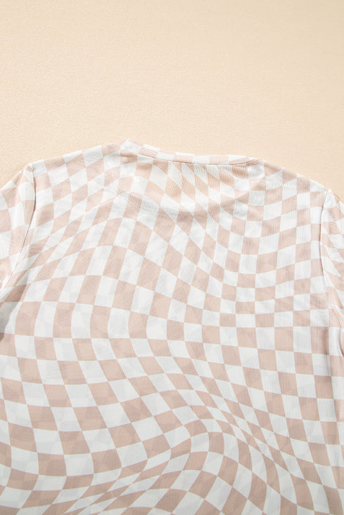 Sheer Mesh Checkered Mock Neck Long Sleeve Layering Top