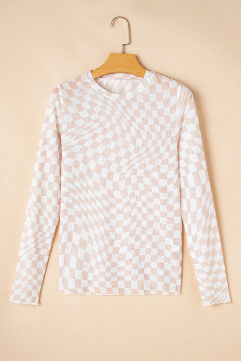Sheer Mesh Checkered Mock Neck Long Sleeve Layering Top