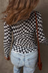 Sheer Mesh Checkered Mock Neck Long Sleeve Layering Top