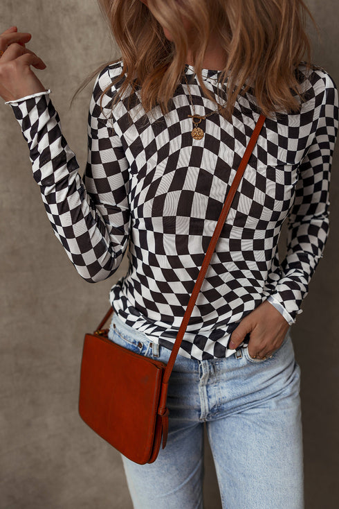 Sheer Mesh Checkered Mock Neck Long Sleeve Layering Top