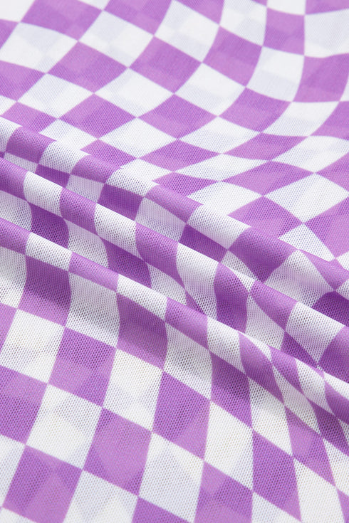 Sheer Mesh Checkered Mock Neck Short Sleeve Top