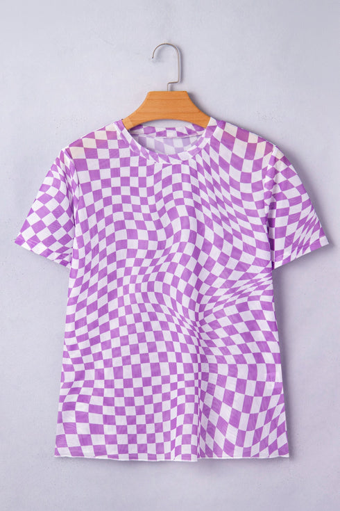 Sheer Mesh Checkered Mock Neck Short Sleeve Top