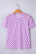 Sheer Mesh Checkered Mock Neck Short Sleeve Top
