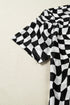 Sheer Mesh Checkered Mock Neck Short Sleeve Top