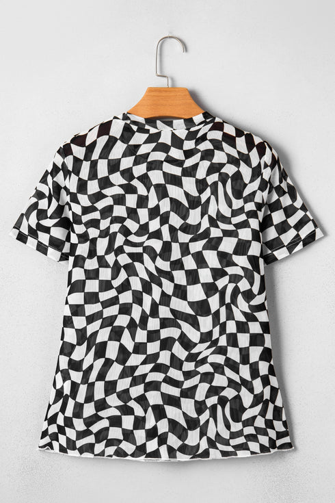 Sheer Mesh Checkered Mock Neck Short Sleeve Top