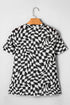 Sheer Mesh Checkered Mock Neck Short Sleeve Top