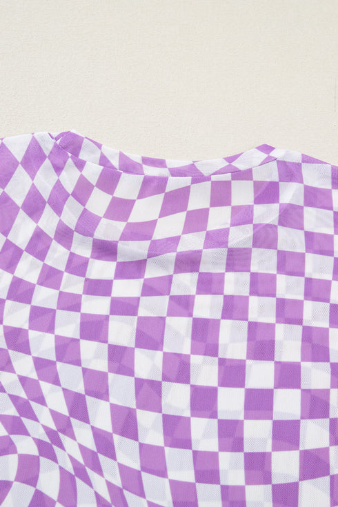 Sheer Mesh Checkered Mock Neck Short Sleeve Top