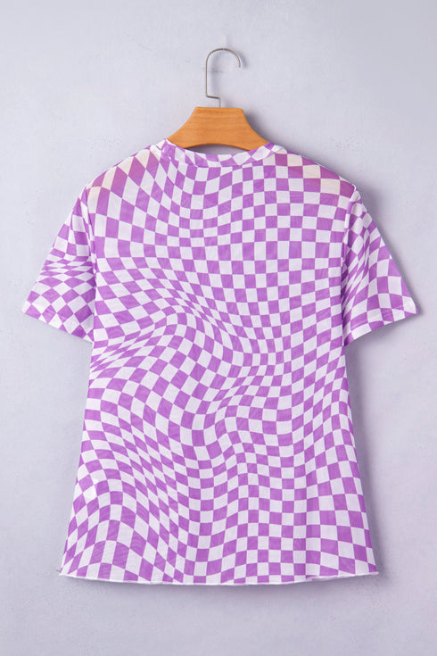 Sheer Mesh Checkered Mock Neck Short Sleeve Top
