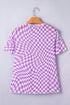 Sheer Mesh Checkered Mock Neck Short Sleeve Top